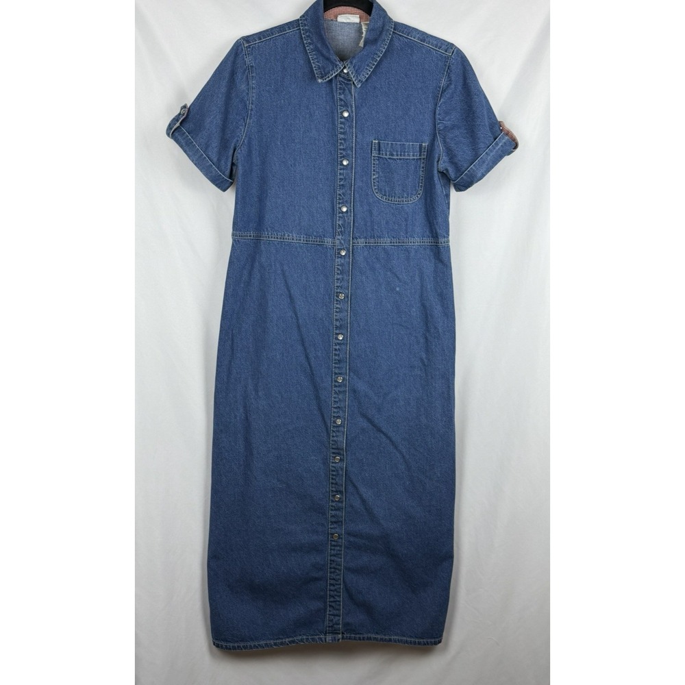 Vintage White Stag Denim Maxi Dress M 8/10 Jean Button Front Red Gingham Cottage